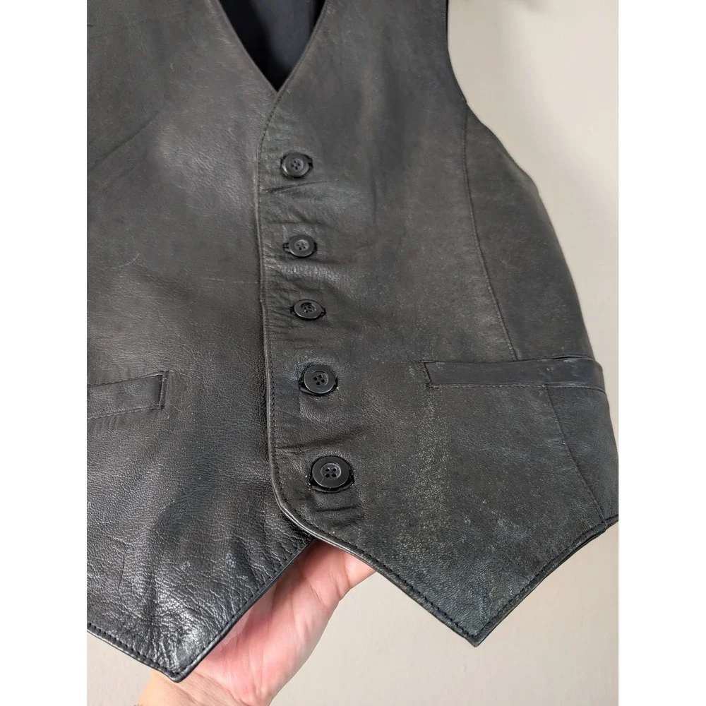 Wilsons Mens M Black Leather Button Front Vest Steampunk Biker Moto Edgy Vintage